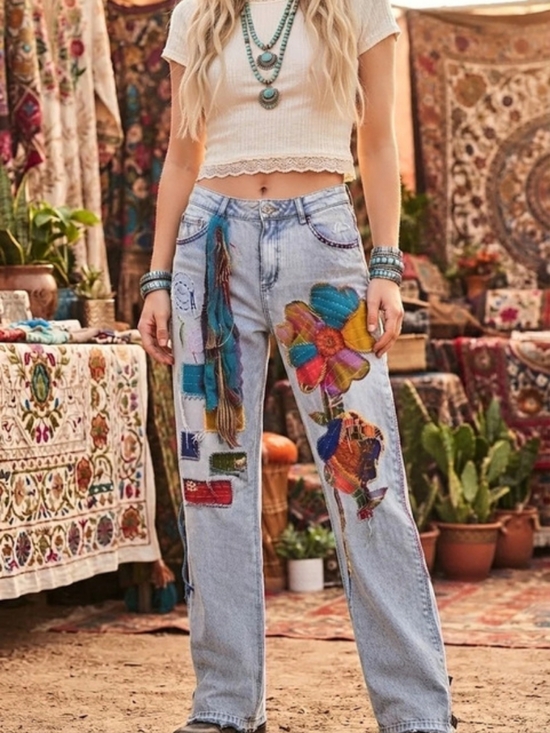 Upcycled Denim - OOAK Upcycled Kantha Patchwork Jeans Hand Stitched Boho Festival Denim